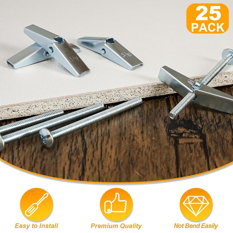KURUI 3/16 Heavy Duty Drywall Anchors, 25 Pcs Metal Toggle Bolts with Bolts, Dry Wall Anchors and Screws Kit, Butterfly Anchors for Ceiling, Sheetrock, Hollow Wall - Image 2